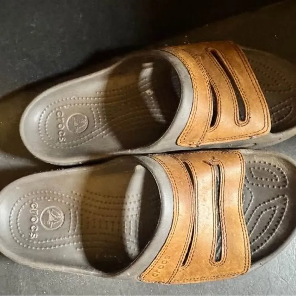 Crocs Brown and Tan Slide Sandals